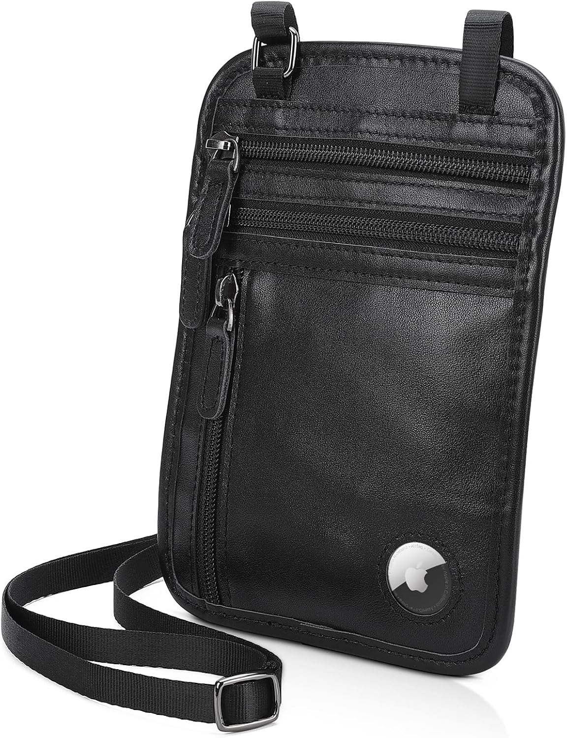 Polare Full Grain Leather Neck Wallet RFID Blocking Conceal Passport Holder Travel Pouch with AirTag Slot for Men