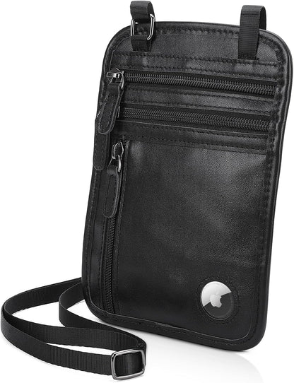Polare Full Grain Leather Neck Wallet RFID Blocking Conceal Passport Holder Travel Pouch with AirTag Slot for Men