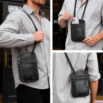 Polare Full Grain Leather Neck Wallet RFID Blocking Conceal Passport Holder Travel Pouch with AirTag Slot for Men