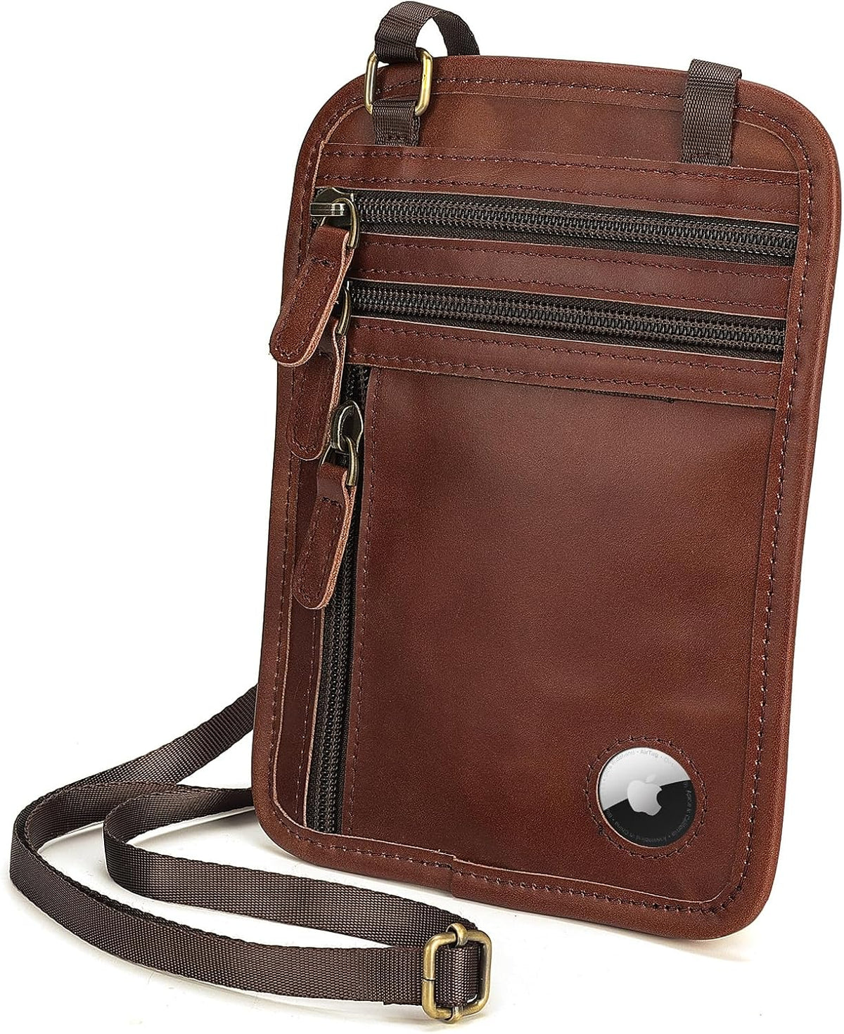 Polare Full Grain Leather Neck Wallet RFID Blocking Conceal Passport Holder Travel Pouch with AirTag Slot for Men