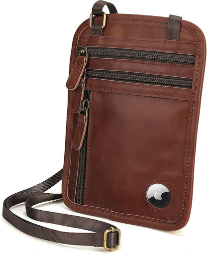 Polare Full Grain Leather Neck Wallet RFID Blocking Conceal Passport Holder Travel Pouch with AirTag Slot for Men