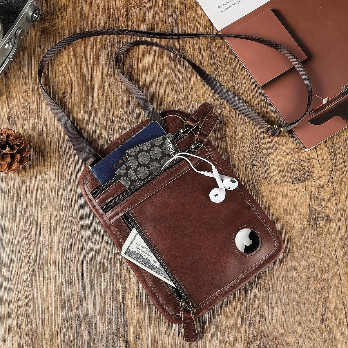 Polare Full Grain Leather Neck Wallet RFID Blocking Conceal Passport Holder Travel Pouch with AirTag Slot for Men
