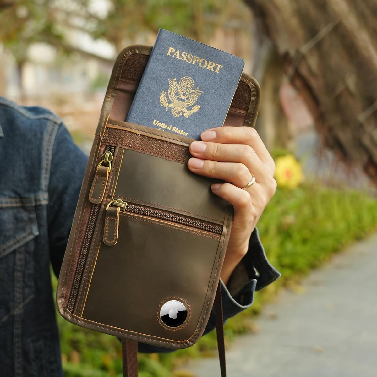 Polare Full Grain Leather Neck Wallet RFID Blocking Conceal Passport Holder Travel Pouch with AirTag Slot for Men