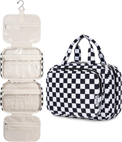 Hanging Toiletry Bag for Women Travel Checkered Makeup Bag Organizer Toiletries Bag for Travel Size Essentials, Accessories, Brushes, Cosmetics (Green Checkerboard (Medium))