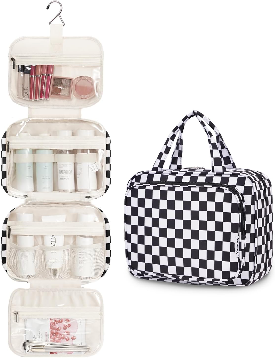Hanging Toiletry Bag for Women Travel Checkered Makeup Bag Organizer Toiletries Bag for Travel Size Essentials, Accessories, Brushes, Cosmetics (Green Checkerboard (Medium))