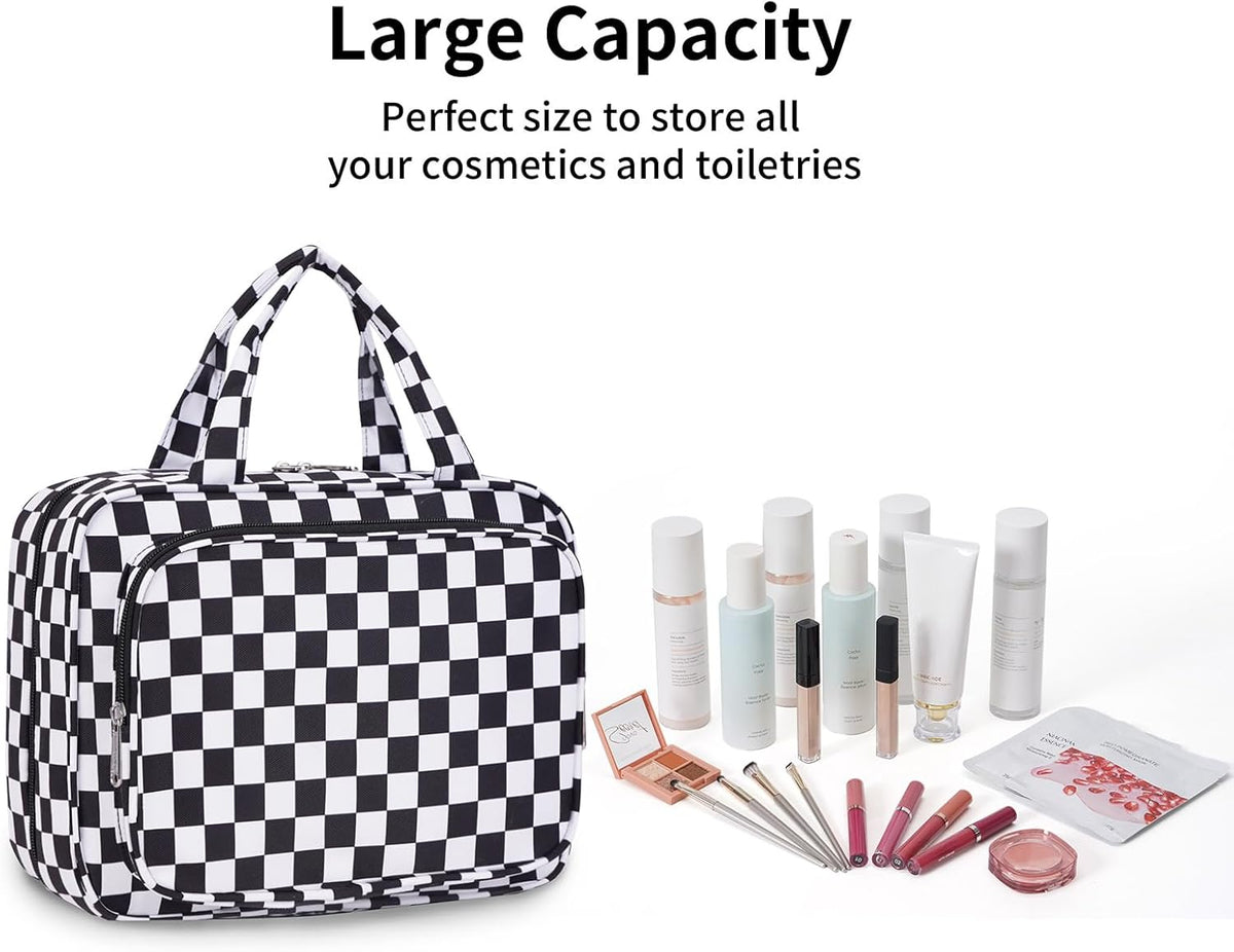 Hanging Toiletry Bag for Women Travel Checkered Makeup Bag Organizer Toiletries Bag for Travel Size Essentials, Accessories, Brushes, Cosmetics (Green Checkerboard (Medium))