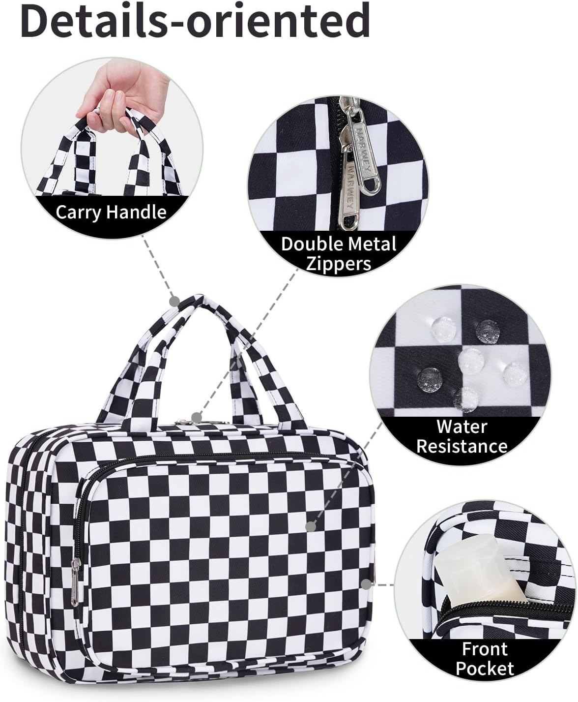 Hanging Toiletry Bag for Women Travel Checkered Makeup Bag Organizer Toiletries Bag for Travel Size Essentials, Accessories, Brushes, Cosmetics (Green Checkerboard (Medium))