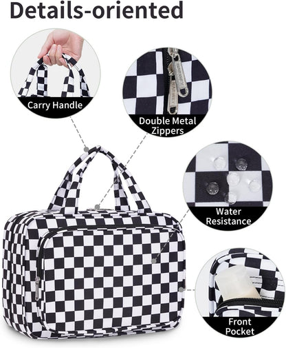 Hanging Toiletry Bag for Women Travel Checkered Makeup Bag Organizer Toiletries Bag for Travel Size Essentials, Accessories, Brushes, Cosmetics (Green Checkerboard (Medium))