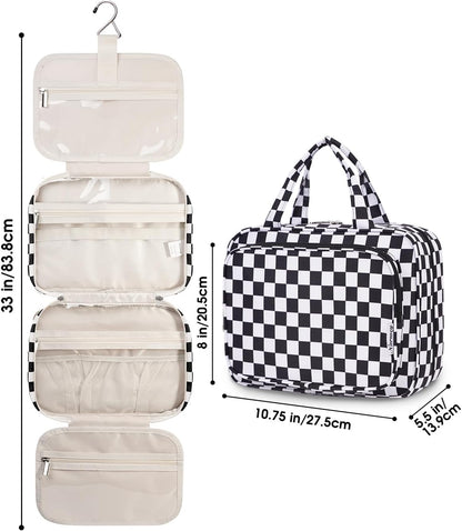 Hanging Toiletry Bag for Women Travel Checkered Makeup Bag Organizer Toiletries Bag for Travel Size Essentials, Accessories, Brushes, Cosmetics (Green Checkerboard (Medium))