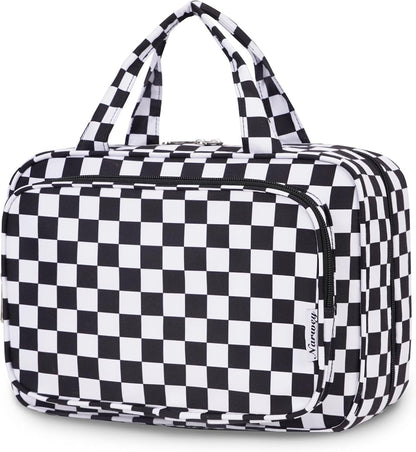 Hanging Toiletry Bag for Women Travel Checkered Makeup Bag Organizer Toiletries Bag for Travel Size Essentials, Accessories, Brushes, Cosmetics (Green Checkerboard (Medium))
