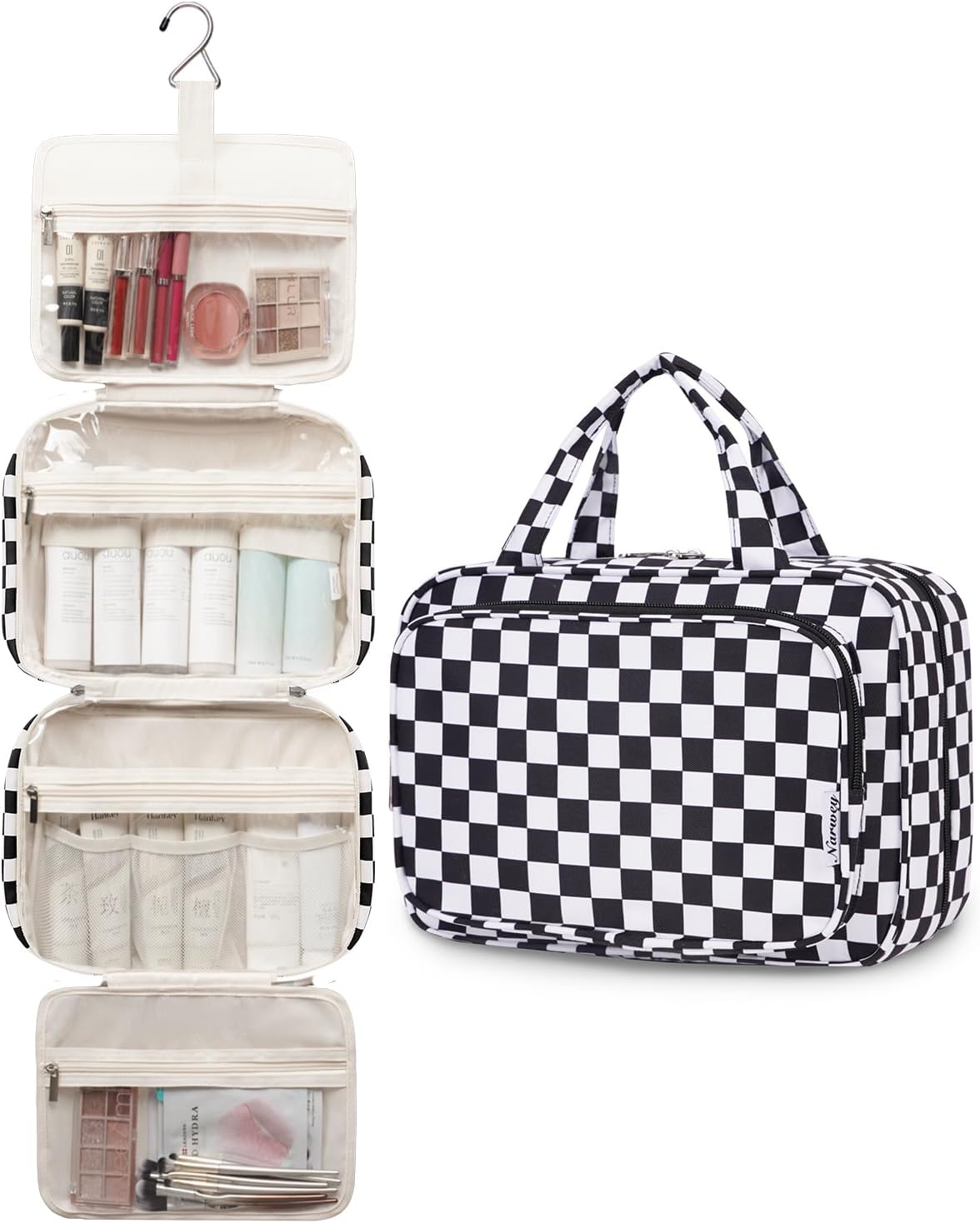 Hanging Toiletry Bag for Women Travel Checkered Makeup Bag Organizer Toiletries Bag for Travel Size Essentials, Accessories, Brushes, Cosmetics (Green Checkerboard (Medium))
