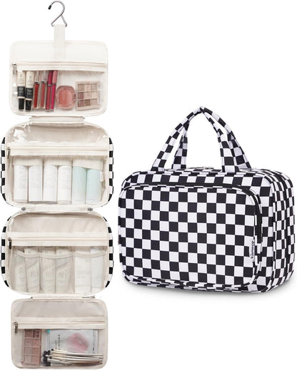 Hanging Toiletry Bag for Women Travel Checkered Makeup Bag Organizer Toiletries Bag for Travel Size Essentials, Accessories, Brushes, Cosmetics (Green Checkerboard (Medium))