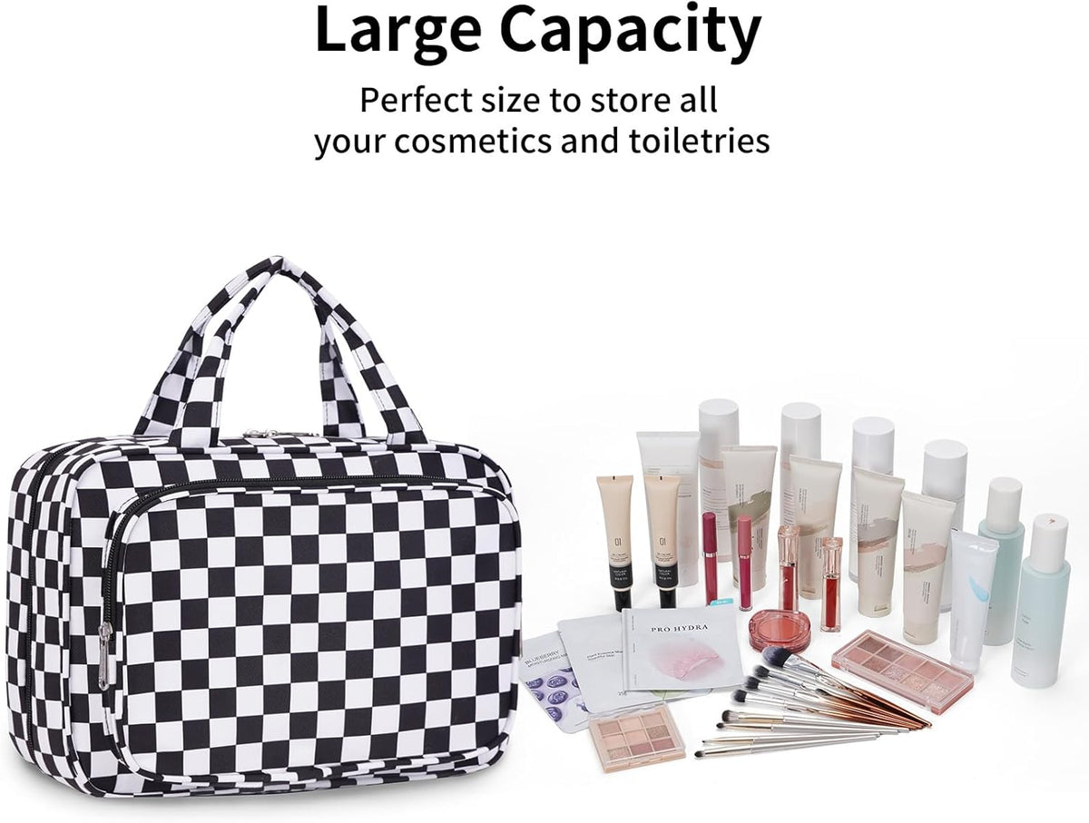 Hanging Toiletry Bag for Women Travel Checkered Makeup Bag Organizer Toiletries Bag for Travel Size Essentials, Accessories, Brushes, Cosmetics (Green Checkerboard (Medium))