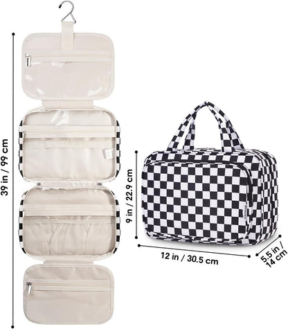 Hanging Toiletry Bag for Women Travel Checkered Makeup Bag Organizer Toiletries Bag for Travel Size Essentials, Accessories, Brushes, Cosmetics (Green Checkerboard (Medium))