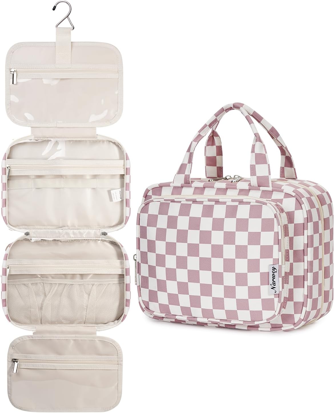 Hanging Toiletry Bag for Women Travel Checkered Makeup Bag Organizer Toiletries Bag for Travel Size Essentials, Accessories, Brushes, Cosmetics (Green Checkerboard (Medium))