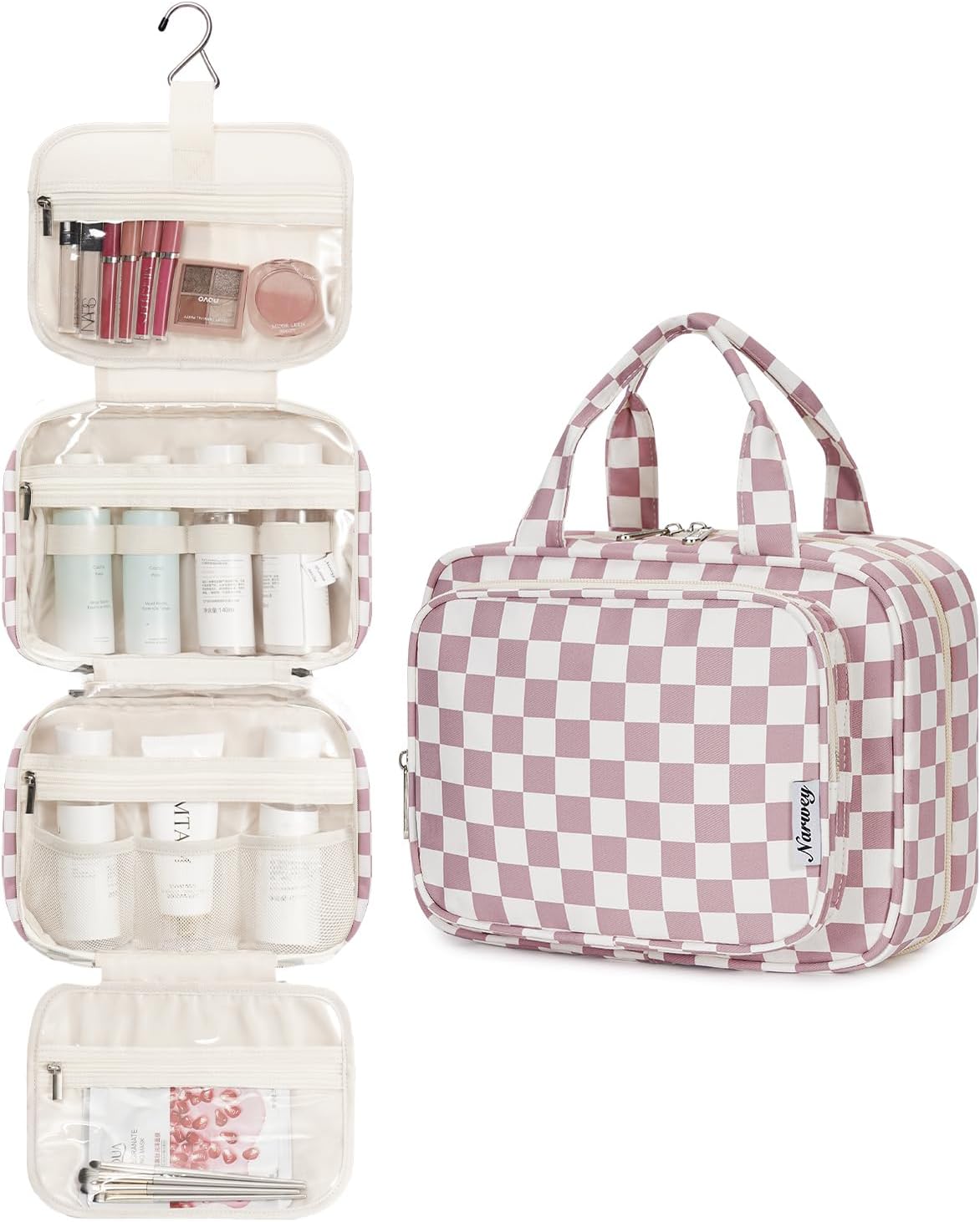 Hanging Toiletry Bag for Women Travel Checkered Makeup Bag Organizer Toiletries Bag for Travel Size Essentials, Accessories, Brushes, Cosmetics (Green Checkerboard (Medium))