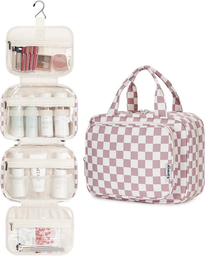 Hanging Toiletry Bag for Women Travel Checkered Makeup Bag Organizer Toiletries Bag for Travel Size Essentials, Accessories, Brushes, Cosmetics (Green Checkerboard (Medium))