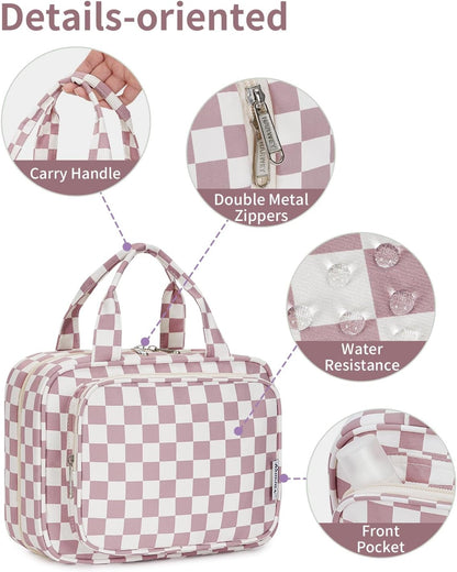 Hanging Toiletry Bag for Women Travel Checkered Makeup Bag Organizer Toiletries Bag for Travel Size Essentials, Accessories, Brushes, Cosmetics (Green Checkerboard (Medium))