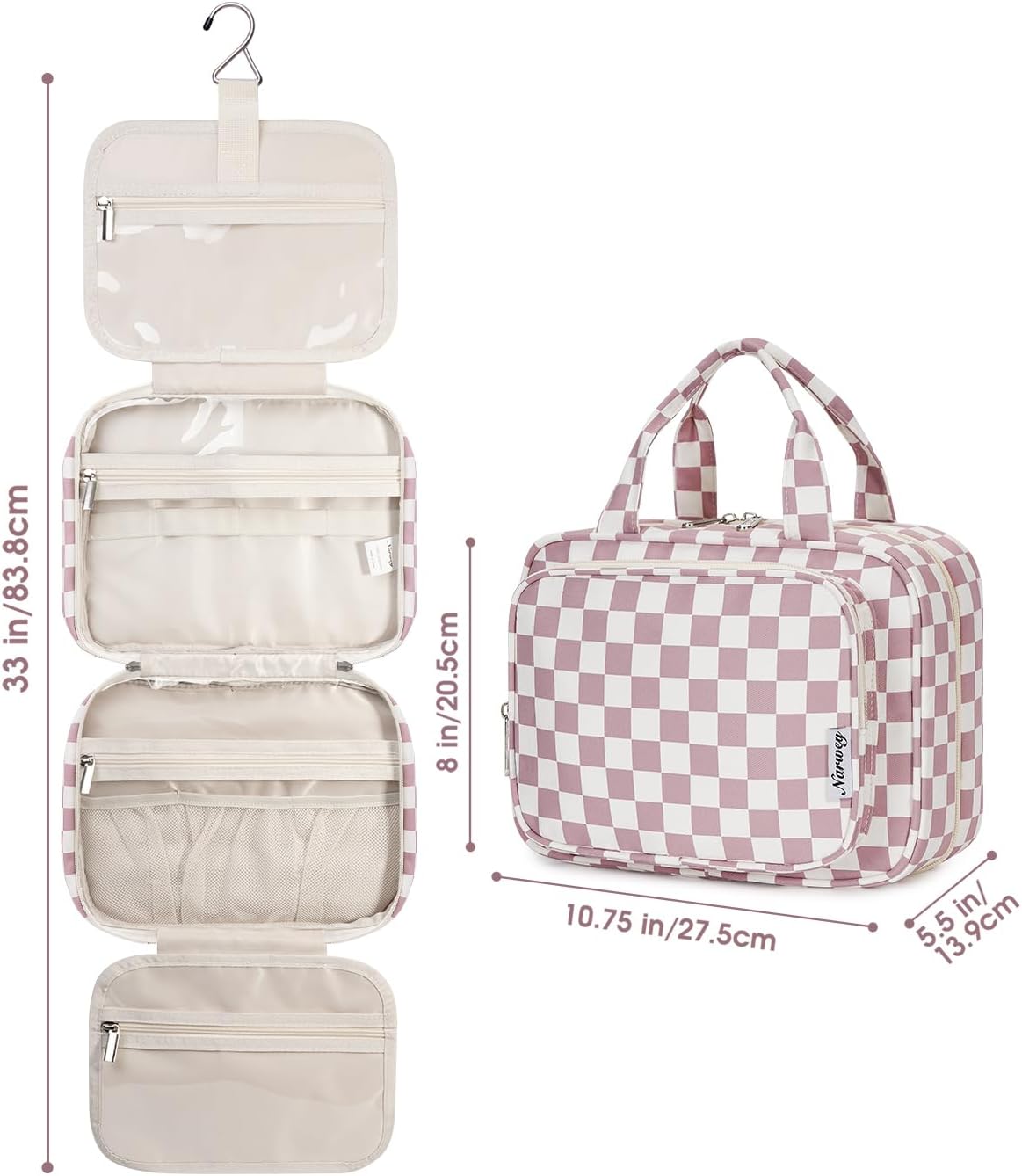 Hanging Toiletry Bag for Women Travel Checkered Makeup Bag Organizer Toiletries Bag for Travel Size Essentials, Accessories, Brushes, Cosmetics (Green Checkerboard (Medium))