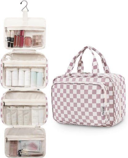 Hanging Toiletry Bag for Women Travel Checkered Makeup Bag Organizer Toiletries Bag for Travel Size Essentials, Accessories, Brushes, Cosmetics (Green Checkerboard (Medium))