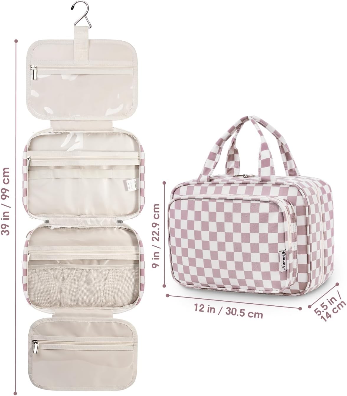 Hanging Toiletry Bag for Women Travel Checkered Makeup Bag Organizer Toiletries Bag for Travel Size Essentials, Accessories, Brushes, Cosmetics (Green Checkerboard (Medium))