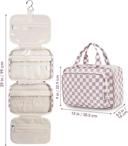 Hanging Toiletry Bag for Women Travel Checkered Makeup Bag Organizer Toiletries Bag for Travel Size Essentials, Accessories, Brushes, Cosmetics (Green Checkerboard (Medium))