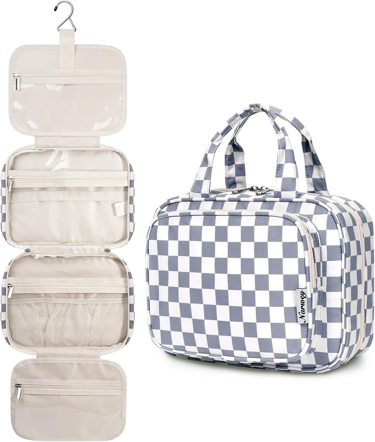 Hanging Toiletry Bag for Women Travel Checkered Makeup Bag Organizer Toiletries Bag for Travel Size Essentials, Accessories, Brushes, Cosmetics (Green Checkerboard (Medium))