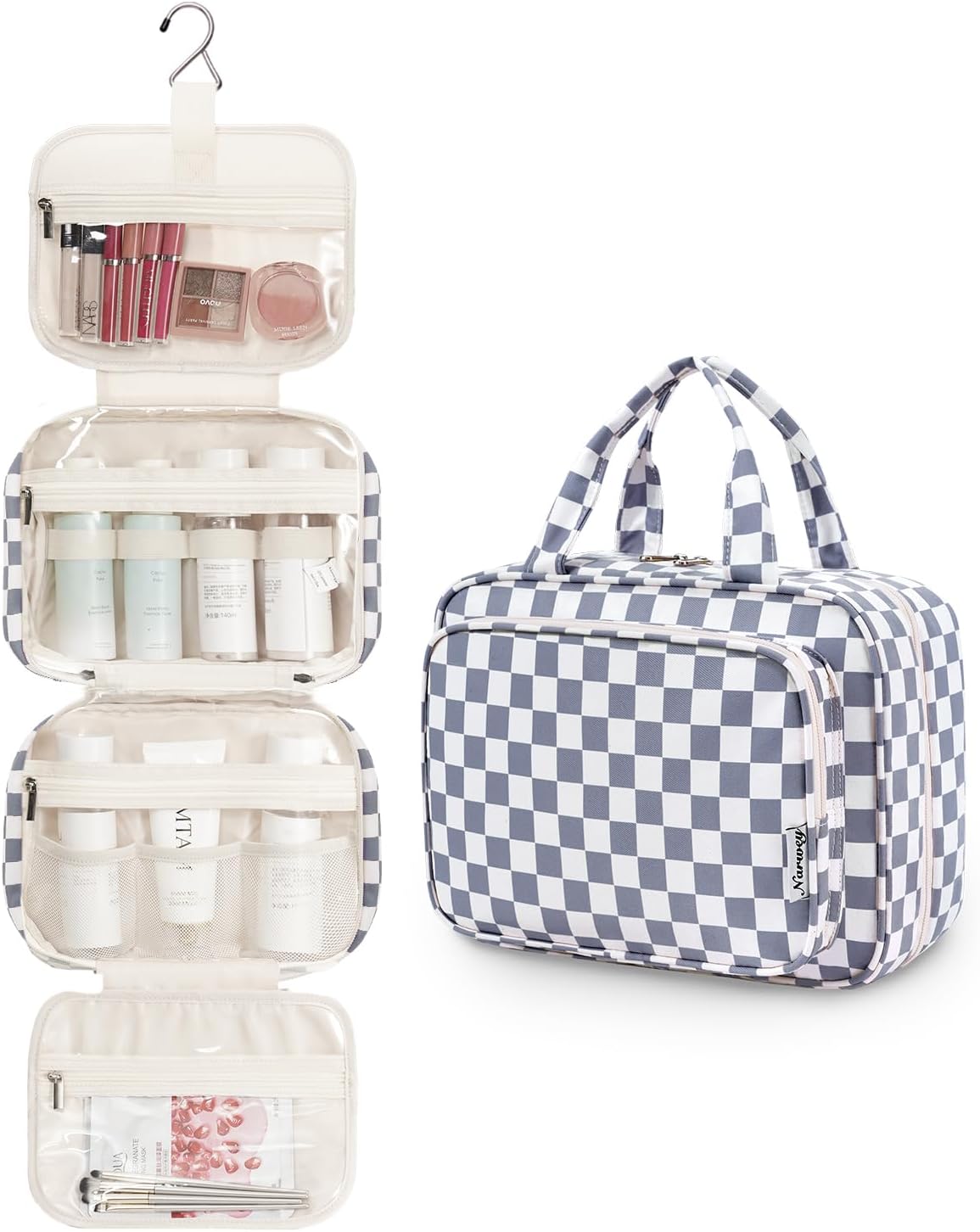 Hanging Toiletry Bag for Women Travel Checkered Makeup Bag Organizer Toiletries Bag for Travel Size Essentials, Accessories, Brushes, Cosmetics (Green Checkerboard (Medium))