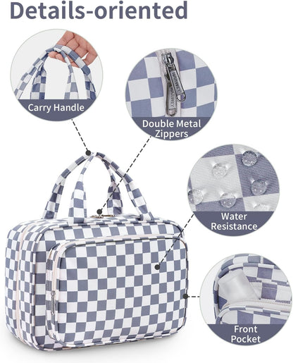 Hanging Toiletry Bag for Women Travel Checkered Makeup Bag Organizer Toiletries Bag for Travel Size Essentials, Accessories, Brushes, Cosmetics (Green Checkerboard (Medium))