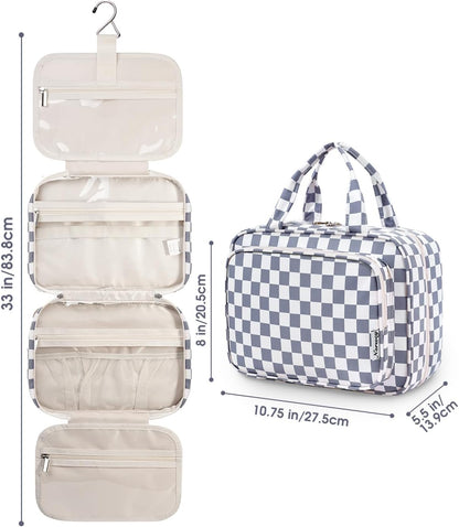 Hanging Toiletry Bag for Women Travel Checkered Makeup Bag Organizer Toiletries Bag for Travel Size Essentials, Accessories, Brushes, Cosmetics (Green Checkerboard (Medium))
