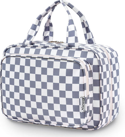 Hanging Toiletry Bag for Women Travel Checkered Makeup Bag Organizer Toiletries Bag for Travel Size Essentials, Accessories, Brushes, Cosmetics (Green Checkerboard (Medium))