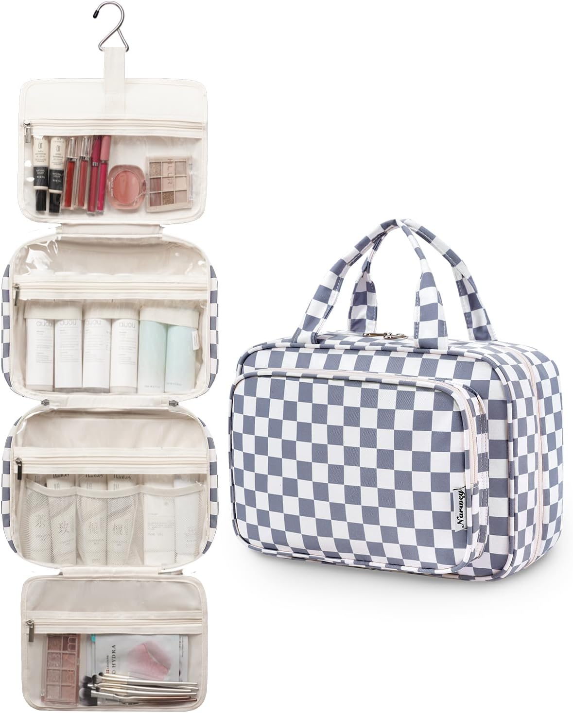 Hanging Toiletry Bag for Women Travel Checkered Makeup Bag Organizer Toiletries Bag for Travel Size Essentials, Accessories, Brushes, Cosmetics (Green Checkerboard (Medium))