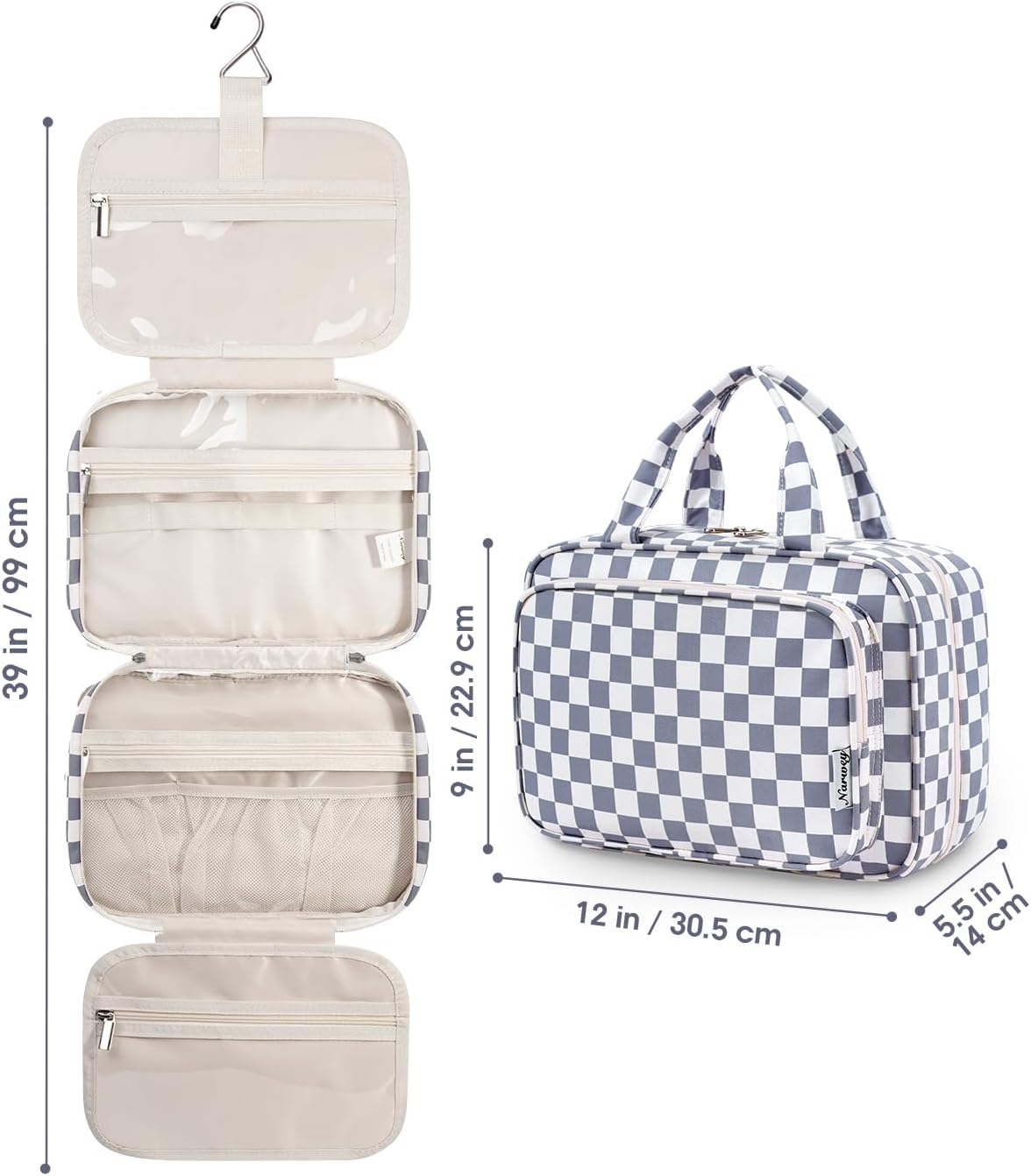 Hanging Toiletry Bag for Women Travel Checkered Makeup Bag Organizer Toiletries Bag for Travel Size Essentials, Accessories, Brushes, Cosmetics (Green Checkerboard (Medium))