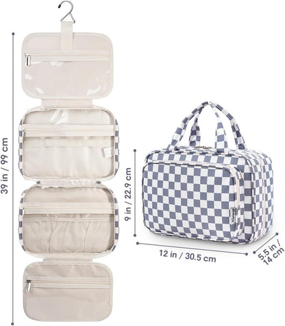 Hanging Toiletry Bag for Women Travel Checkered Makeup Bag Organizer Toiletries Bag for Travel Size Essentials, Accessories, Brushes, Cosmetics (Green Checkerboard (Medium))