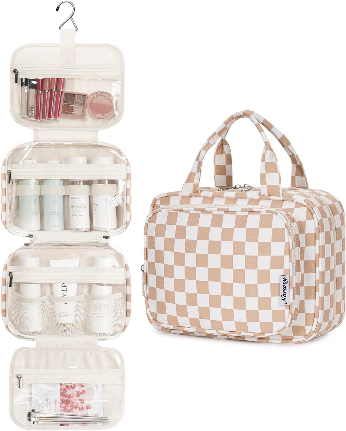 Hanging Toiletry Bag for Women Travel Checkered Makeup Bag Organizer Toiletries Bag for Travel Size Essentials, Accessories, Brushes, Cosmetics (Green Checkerboard (Medium))
