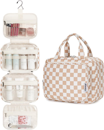 Hanging Toiletry Bag for Women Travel Checkered Makeup Bag Organizer Toiletries Bag for Travel Size Essentials, Accessories, Brushes, Cosmetics (Green Checkerboard (Medium))