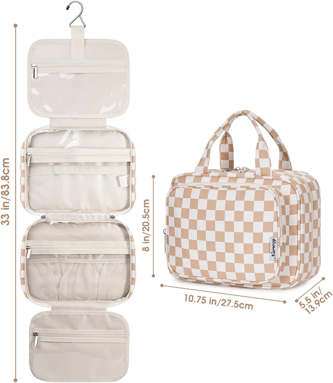 Hanging Toiletry Bag for Women Travel Checkered Makeup Bag Organizer Toiletries Bag for Travel Size Essentials, Accessories, Brushes, Cosmetics (Green Checkerboard (Medium))