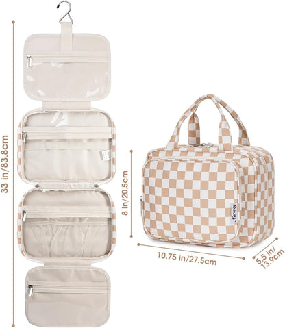 Hanging Toiletry Bag for Women Travel Checkered Makeup Bag Organizer Toiletries Bag for Travel Size Essentials, Accessories, Brushes, Cosmetics (Green Checkerboard (Medium))