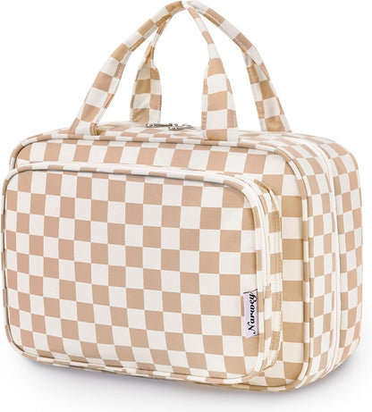 Hanging Toiletry Bag for Women Travel Checkered Makeup Bag Organizer Toiletries Bag for Travel Size Essentials, Accessories, Brushes, Cosmetics (Green Checkerboard (Medium))