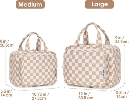 Hanging Toiletry Bag for Women Travel Checkered Makeup Bag Organizer Toiletries Bag for Travel Size Essentials, Accessories, Brushes, Cosmetics (Green Checkerboard (Medium))