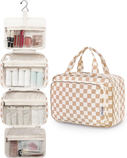 Hanging Toiletry Bag for Women Travel Checkered Makeup Bag Organizer Toiletries Bag for Travel Size Essentials, Accessories, Brushes, Cosmetics (Green Checkerboard (Medium))