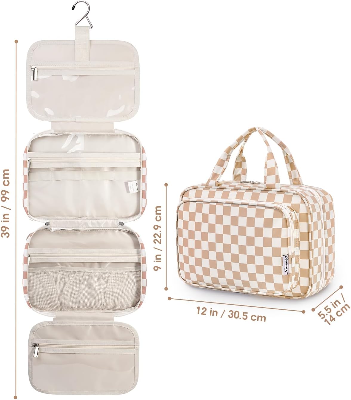 Hanging Toiletry Bag for Women Travel Checkered Makeup Bag Organizer Toiletries Bag for Travel Size Essentials, Accessories, Brushes, Cosmetics (Green Checkerboard (Medium))