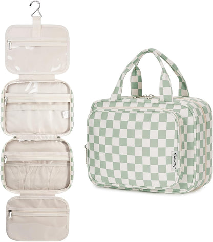 Hanging Toiletry Bag for Women Travel Checkered Makeup Bag Organizer Toiletries Bag for Travel Size Essentials, Accessories, Brushes, Cosmetics (Green Checkerboard (Medium))