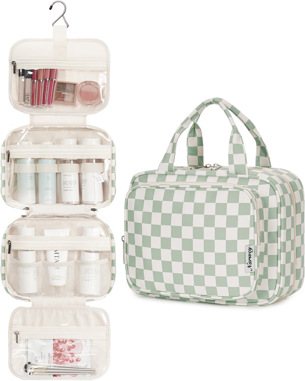 Hanging Toiletry Bag for Women Travel Checkered Makeup Bag Organizer Toiletries Bag for Travel Size Essentials, Accessories, Brushes, Cosmetics (Green Checkerboard (Medium))