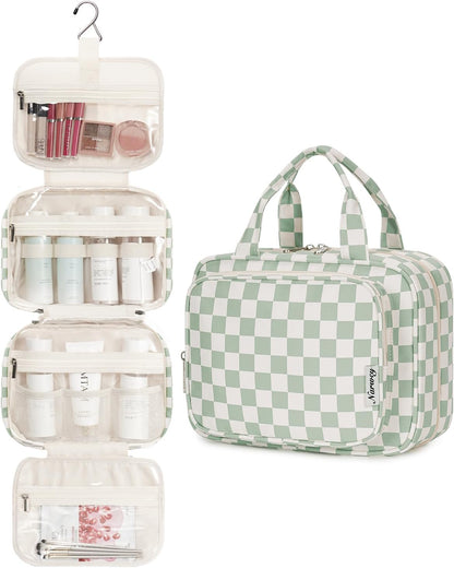 Hanging Toiletry Bag for Women Travel Checkered Makeup Bag Organizer Toiletries Bag for Travel Size Essentials, Accessories, Brushes, Cosmetics (Green Checkerboard (Medium))
