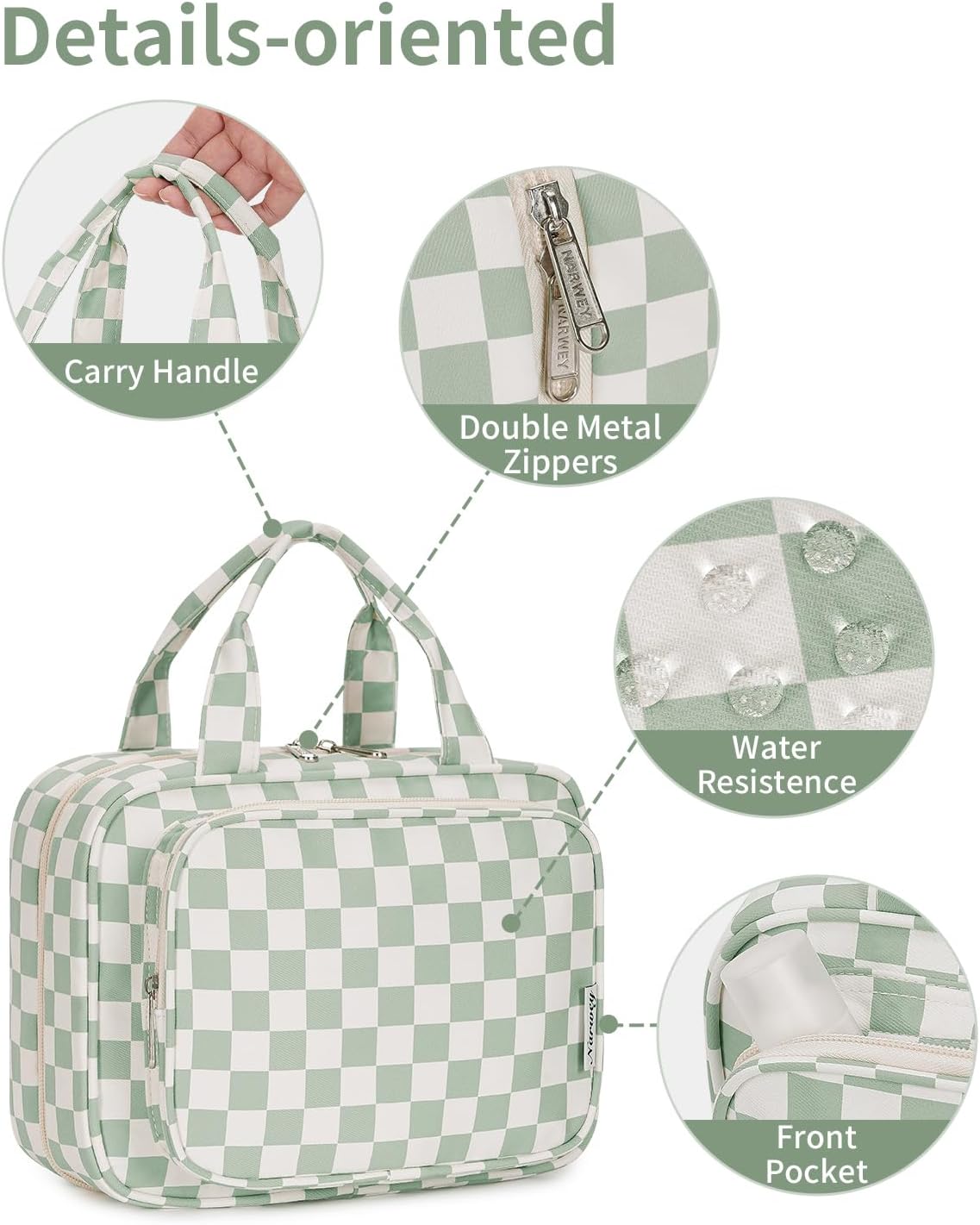 Hanging Toiletry Bag for Women Travel Checkered Makeup Bag Organizer Toiletries Bag for Travel Size Essentials, Accessories, Brushes, Cosmetics (Green Checkerboard (Medium))