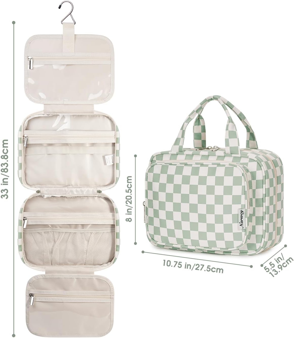 Hanging Toiletry Bag for Women Travel Checkered Makeup Bag Organizer Toiletries Bag for Travel Size Essentials, Accessories, Brushes, Cosmetics (Green Checkerboard (Medium))