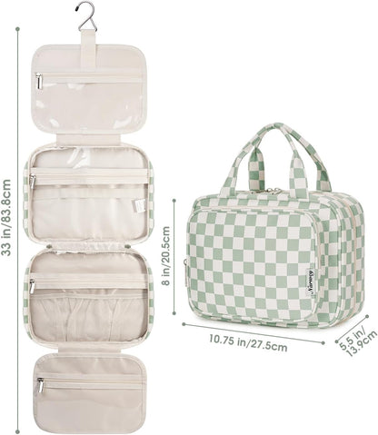 Hanging Toiletry Bag for Women Travel Checkered Makeup Bag Organizer Toiletries Bag for Travel Size Essentials, Accessories, Brushes, Cosmetics (Green Checkerboard (Medium))