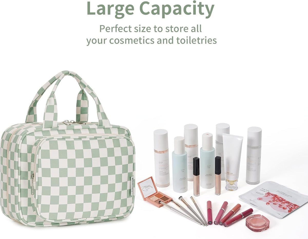 Hanging Toiletry Bag for Women Travel Checkered Makeup Bag Organizer Toiletries Bag for Travel Size Essentials, Accessories, Brushes, Cosmetics (Green Checkerboard (Medium))