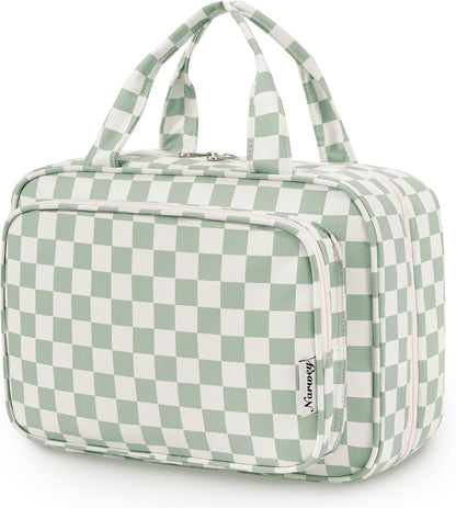 Hanging Toiletry Bag for Women Travel Checkered Makeup Bag Organizer Toiletries Bag for Travel Size Essentials, Accessories, Brushes, Cosmetics (Green Checkerboard (Medium))